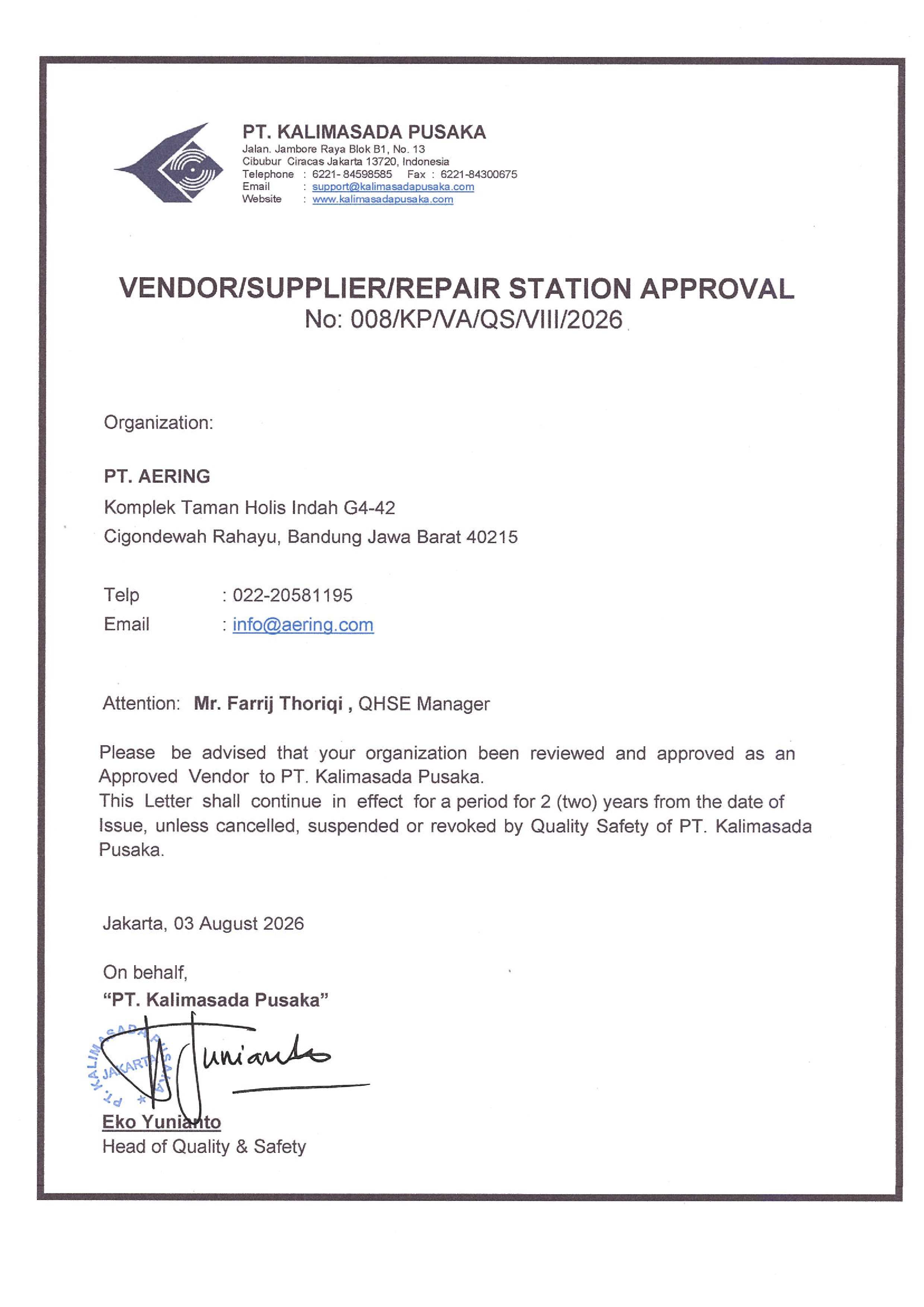 Vendor Approval – PT AERING